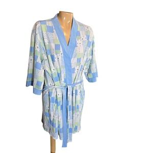Aria Womens Robe Blue Green XL Patchwork Cotton Knit Tie Waist Pockets Pastel